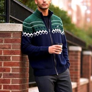 VTG Nautica Fair Isle Cardigan Sweater Men’s L 100% Cotton Full Zip Navy Green